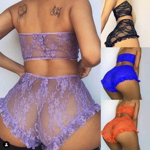 SOS Sexy Women Lace Tulle Lingerie Set Ruffle Slee